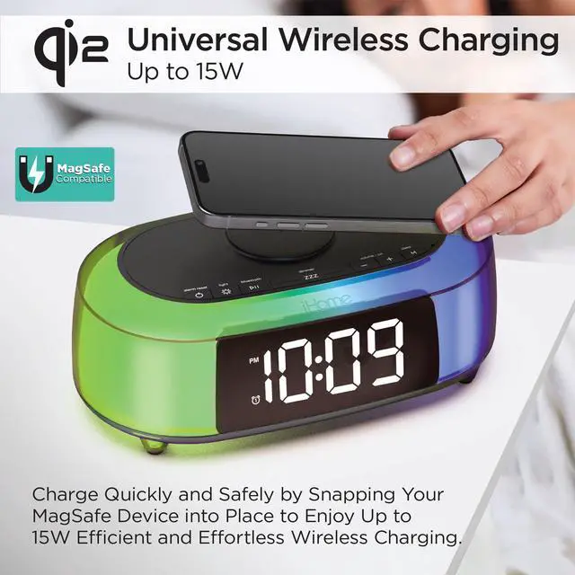 Alt view image 3 of 6 - Alarm Clock Radio with Qi2 Magnetic Wireless Charger, Bluetooth Speaker, and 2 USB Chargers (iBTW282)