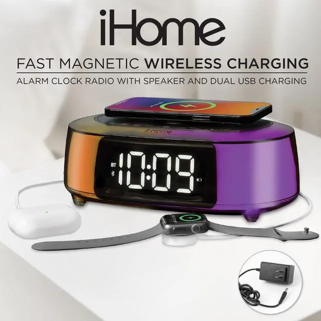 Alt view image 2 of 6 - Alarm Clock Radio with Qi2 Magnetic Wireless Charger, Bluetooth Speaker, and 2 USB Chargers (iBTW282)