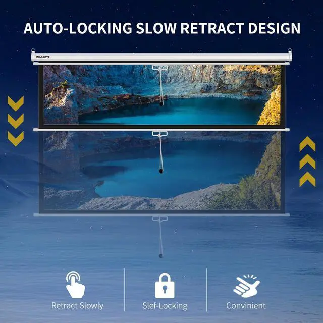 Alt view image 5 of 7 - 84'' Projector Screen Manual Pull Down - 16:9 HD Retractable Projection Screen with Auto Locking - 4K 3D Projector Screen Anti-Crease for Home Theater Cinema Office Education Presentation