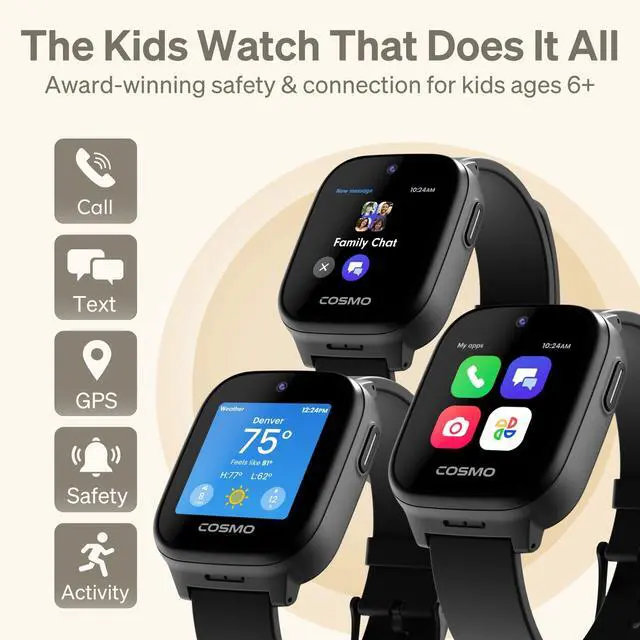 Alt view image 2 of 7 - 5 Kids Smart Watch by Cosmo | Best Kid-Safe Phone Watch | Precision Real-Time GPS Tracking | Call, Text, Activity, School Settings | Spotify Music | Parental Controls | SOS & Safety Alerts