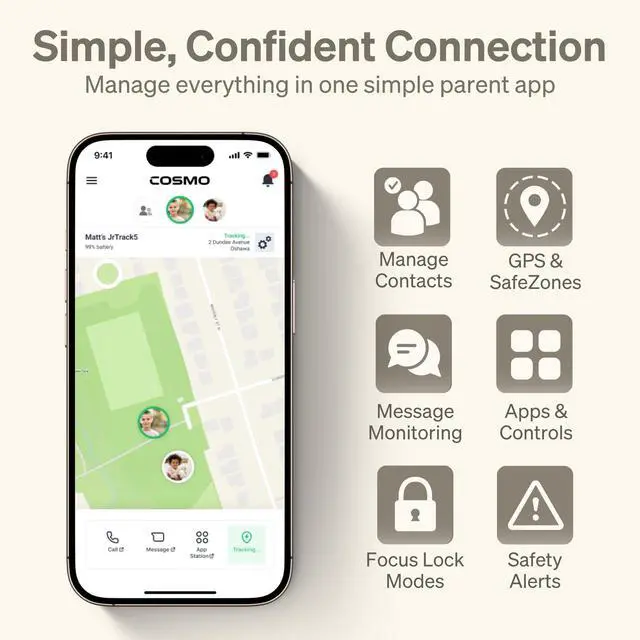 Alt view image 5 of 7 - 5 Kids Smart Watch by Cosmo | Best Kid-Safe Phone Watch | Precision Real-Time GPS Tracking | Call, Text, Activity, School Settings | Spotify Music | Parental Controls | SOS & Safety Alerts