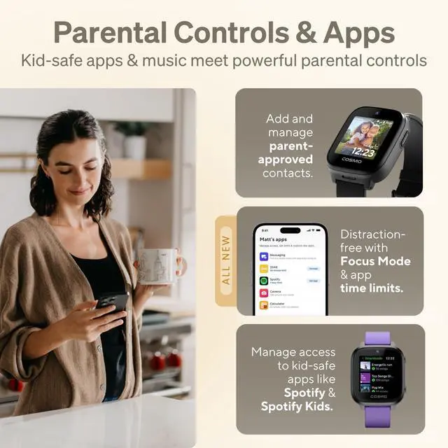 Alt view image 6 of 7 - 5 Kids Smart Watch by Cosmo | Best Kid-Safe Phone Watch | Precision Real-Time GPS Tracking | Call, Text, Activity, School Settings | Spotify Music | Parental Controls | SOS & Safety Alerts