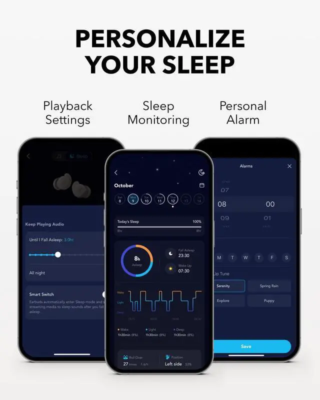 Alt view image 7 of 7 - Sleep A20 by Anker Sleep Earbuds, 30dB High-Frequency Noise Reduction, Small Earplugs for Side Sleepers, 80H Playtime, Stream Content via Bluetooth 5.3, Sleep Monitor, Personal Alarm