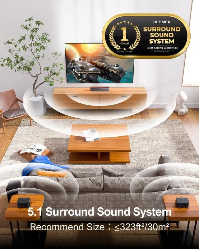 Alt view image 2 of 7 - 5.1 Sound Bar for Smart TV, Virtual Surround Sound System for TV, 320W Peak Power, Adjustable Surround Speakers and Subwoofer, APP Control, Home Theater Soundbar Poseidon D50(2025 New Model)