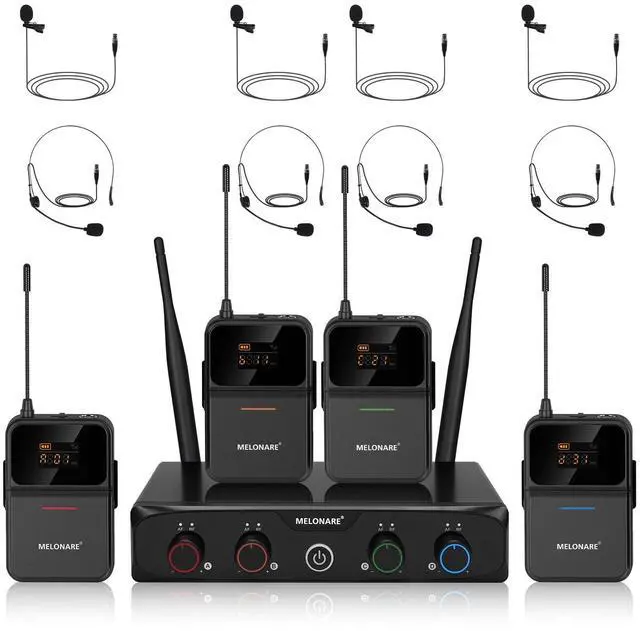 Main image of 4-Channel Wireless Microphone System,UHF Compact Cordless Mic Set w/ 4x10 Frequencies, 200ft Range, 4 Bodypacks & Headset/Lapel Microphones for Singing, Church, Conference (MWM-41-4B)