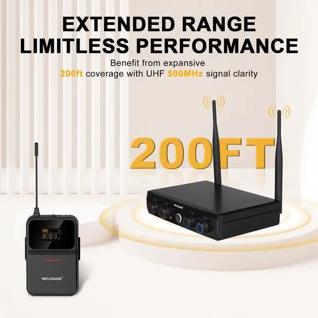 Alt view image 3 of 7 - 4-Channel Wireless Microphone System,UHF Compact Cordless Mic Set w/ 4x10 Frequencies, 200ft Range, 4 Bodypacks & Headset/Lapel Microphones for Singing, Church, Conference (MWM-41-4B)