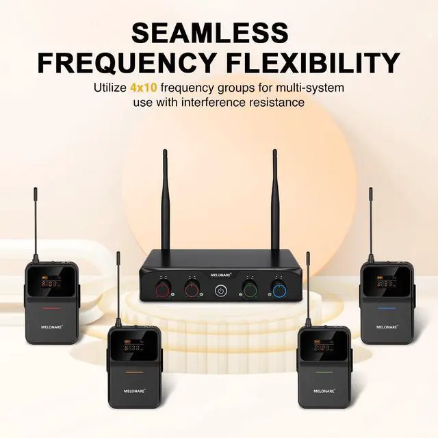Alt view image 4 of 7 - 4-Channel Wireless Microphone System,UHF Compact Cordless Mic Set w/ 4x10 Frequencies, 200ft Range, 4 Bodypacks & Headset/Lapel Microphones for Singing, Church, Conference (MWM-41-4B)