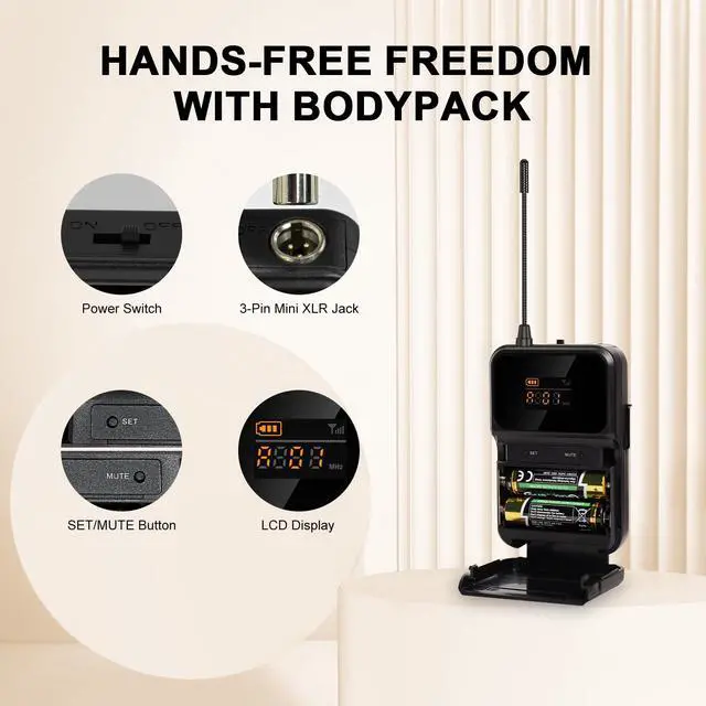 Alt view image 2 of 7 - 4-Channel Wireless Microphone System,UHF Compact Cordless Mic Set w/ 4x10 Frequencies, 200ft Range, 4 Bodypacks & Headset/Lapel Microphones for Singing, Church, Conference (MWM-41-4B)