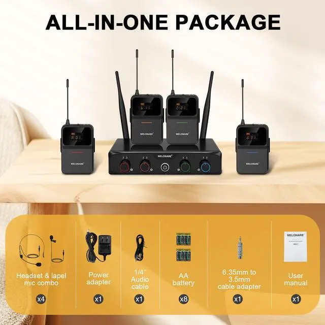 Alt view image 6 of 7 - 4-Channel Wireless Microphone System,UHF Compact Cordless Mic Set w/ 4x10 Frequencies, 200ft Range, 4 Bodypacks & Headset/Lapel Microphones for Singing, Church, Conference (MWM-41-4B)