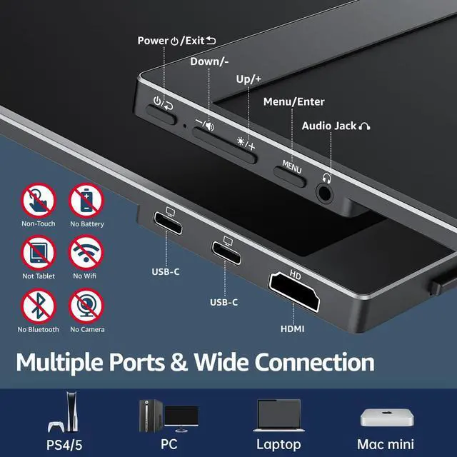 Alt view image 4 of 7 - Portable Monitor 15.6 Inch 1080P FHD 60Hz 85% sRGB Travel Monitor with Speaker HDMI USB-C Second Screen for Laptop MacBook Surface PC Xbox PS4/5, VESA Mountable, with Cover Stand