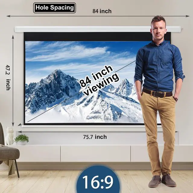 Alt view image 4 of 7 - 84inch Motorized Projection Screen, 16:9 4K 3D HD Electric Projector Screen, Wall/Ceiling Mounted White Projection Screen with Two Remote Controls for Indoor & Outdoor Use