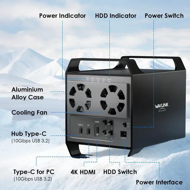 Alt view image 2 of 7 - 4-Bay Hard Drive Enclosure for 3.5" and 2.5'' SATA HDD/SSD Featuring 10Gbps USB-C 3.2, Max 128TB Capacity, Built-in Temp-Controlled Cooling Fans, 4K HDMI Stunning Video Output, Aluminum Shell