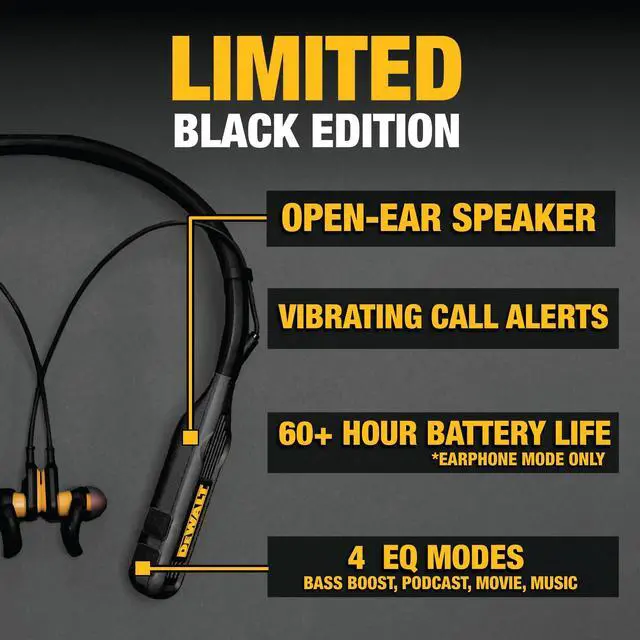 Alt view image 2 of 7 - Heavy Duty Black Edition 2-in-1 Neckband Bluetooth Headphones w/Built-in Speakers, Jobsite Wearable Speaker & Around Neck, Wireless Headset, 60+ Hrs Hands-Free Music & Calls, Carry Pouch