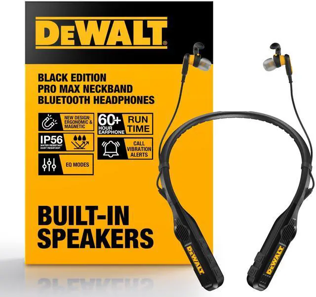 Main image of Heavy Duty Black Edition 2-in-1 Neckband Bluetooth Headphones w/Built-in Speakers, Jobsite Wearable Speaker & Around Neck, Wireless Headset, 60+ Hrs Hands-Free Music & Calls, Carry Pouch