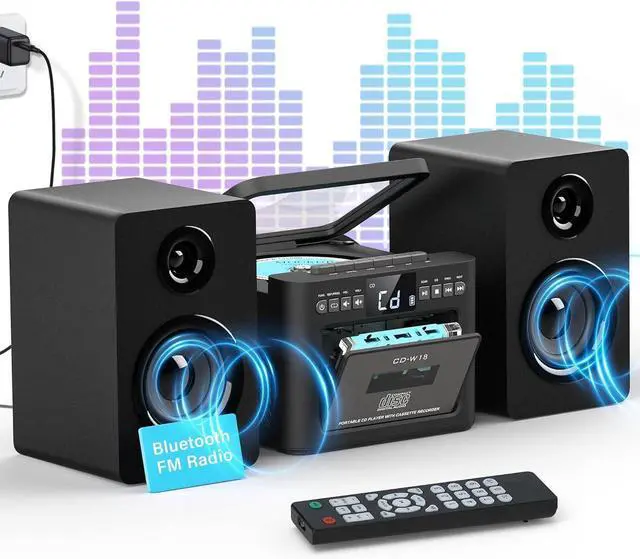 Main image of Stereo System for Home with Boombox CD and Cassette Player Combo, 40W Home Stereo System with Bluetooth, FM Radio/USB/TF/AUX/Remote Control, Detachable Wooden Bookshelf Speakers