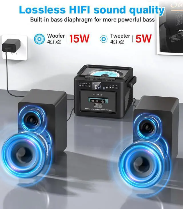 Alt view image 2 of 7 - Stereo System for Home with Boombox CD and Cassette Player Combo, 40W Home Stereo System with Bluetooth, FM Radio/USB/TF/AUX/Remote Control, Detachable Wooden Bookshelf Speakers