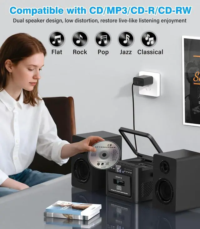 Alt view image 3 of 7 - Stereo System for Home with Boombox CD and Cassette Player Combo, 40W Home Stereo System with Bluetooth, FM Radio/USB/TF/AUX/Remote Control, Detachable Wooden Bookshelf Speakers