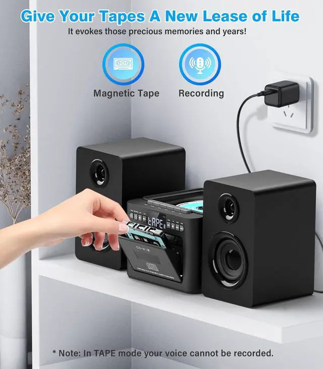 Alt view image 4 of 7 - Stereo System for Home with Boombox CD and Cassette Player Combo, 40W Home Stereo System with Bluetooth, FM Radio/USB/TF/AUX/Remote Control, Detachable Wooden Bookshelf Speakers