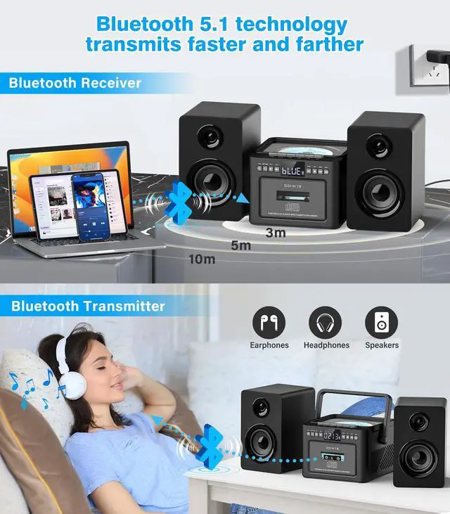 Alt view image 5 of 7 - Stereo System for Home with Boombox CD and Cassette Player Combo, 40W Home Stereo System with Bluetooth, FM Radio/USB/TF/AUX/Remote Control, Detachable Wooden Bookshelf Speakers