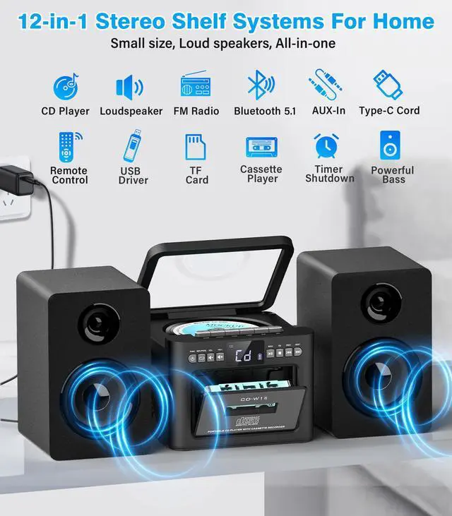 Alt view image 6 of 7 - Stereo System for Home with Boombox CD and Cassette Player Combo, 40W Home Stereo System with Bluetooth, FM Radio/USB/TF/AUX/Remote Control, Detachable Wooden Bookshelf Speakers