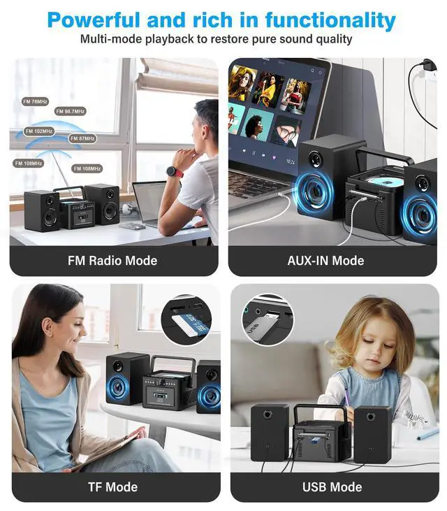 Alt view image 7 of 7 - Stereo System for Home with Boombox CD and Cassette Player Combo, 40W Home Stereo System with Bluetooth, FM Radio/USB/TF/AUX/Remote Control, Detachable Wooden Bookshelf Speakers