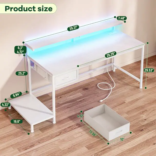 Alt view image 3 of 7 - 39.3Inch Computer Desk with Power Outlet & Drawer,Gaming Desk with CPU Stand& LED Lights,Corner Office Desk with Ergonomic Monitor Stand for Home Work, Study and Gaming, Small Spaces,White