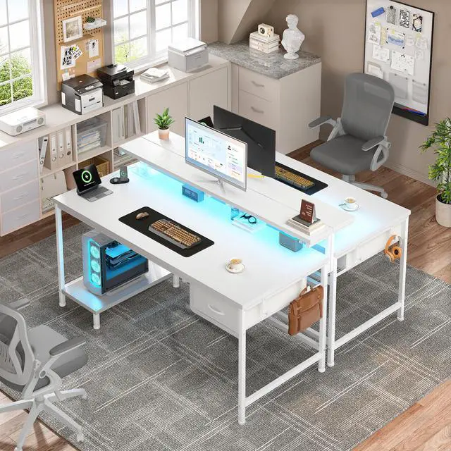 Alt view image 2 of 7 - 39.3Inch Computer Desk with Power Outlet & Drawer,Gaming Desk with CPU Stand& LED Lights,Corner Office Desk with Ergonomic Monitor Stand for Home Work, Study and Gaming, Small Spaces,White