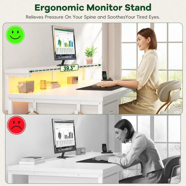 Alt view image 5 of 7 - 39.3Inch Computer Desk with Power Outlet & Drawer,Gaming Desk with CPU Stand& LED Lights,Corner Office Desk with Ergonomic Monitor Stand for Home Work, Study and Gaming, Small Spaces,White