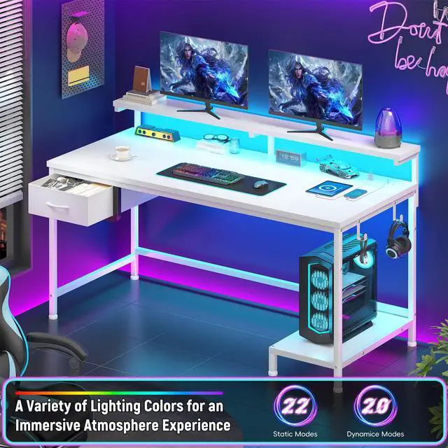 Alt view image 4 of 7 - 39.3Inch Computer Desk with Power Outlet & Drawer,Gaming Desk with CPU Stand& LED Lights,Corner Office Desk with Ergonomic Monitor Stand for Home Work, Study and Gaming, Small Spaces,White