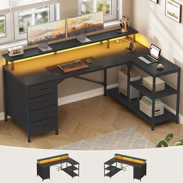 Alt view image 2 of 7 - L Shaped Desk with 4 Drawers and Storage Shelves, L Shaped Gaming Desk with LED Lights & Power Outlets, Computer Desk with Shelves & Drawer, Corner Desk Home Office Desk, Black