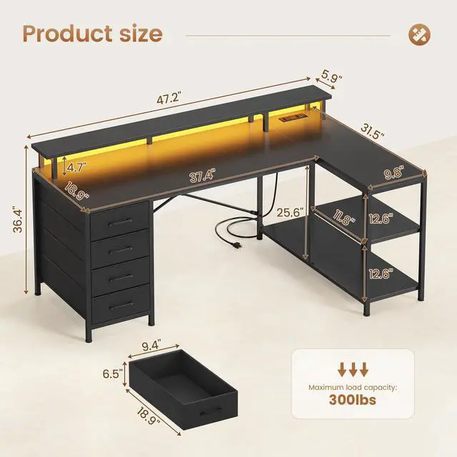 Alt view image 3 of 7 - L Shaped Desk with 4 Drawers and Storage Shelves, L Shaped Gaming Desk with LED Lights & Power Outlets, Computer Desk with Shelves & Drawer, Corner Desk Home Office Desk, Black