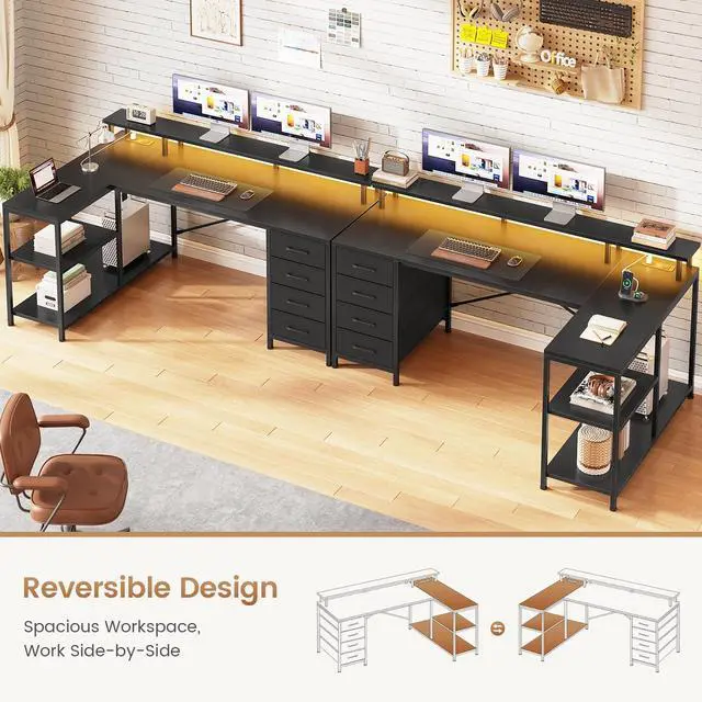 Alt view image 4 of 7 - L Shaped Desk with 4 Drawers and Storage Shelves, L Shaped Gaming Desk with LED Lights & Power Outlets, Computer Desk with Shelves & Drawer, Corner Desk Home Office Desk, Black