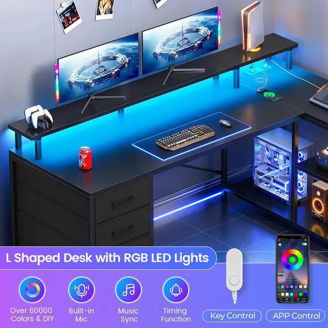 Alt view image 5 of 7 - L Shaped Desk with 4 Drawers and Storage Shelves, L Shaped Gaming Desk with LED Lights & Power Outlets, Computer Desk with Shelves & Drawer, Corner Desk Home Office Desk, Black