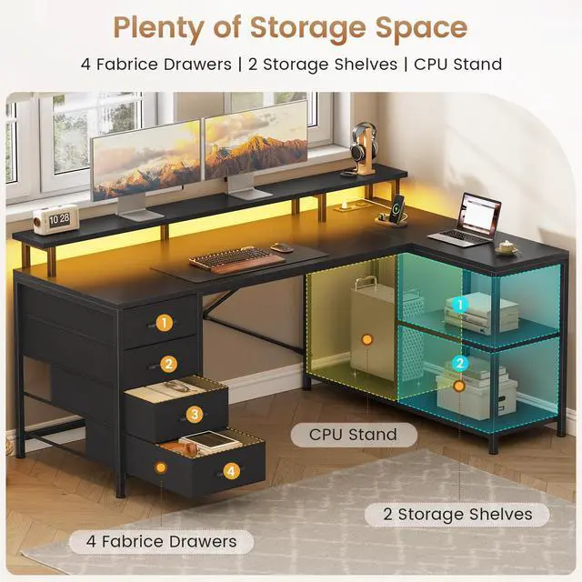 Alt view image 7 of 7 - L Shaped Desk with 4 Drawers and Storage Shelves, L Shaped Gaming Desk with LED Lights & Power Outlets, Computer Desk with Shelves & Drawer, Corner Desk Home Office Desk, Black