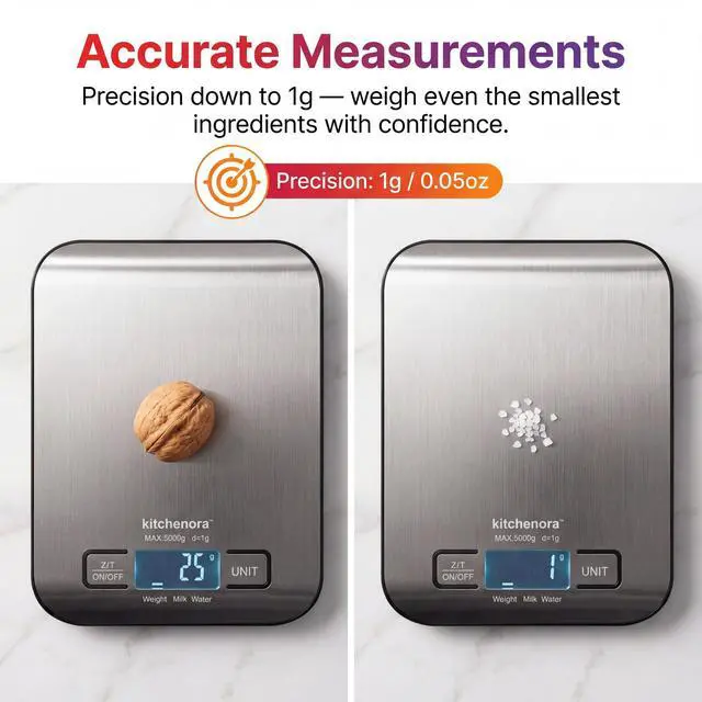 Alt view image 3 of 7 - Digital Food Kitchen Scale, 11lb/5kg Capacity with 1g Precision, 5 Units (g/oz/lb:oz/ml/fl'oz), 304 Stainless Steel Surface, Backlit LCD, Tare Function for Cooking, Baking, Keto & Meal Prep