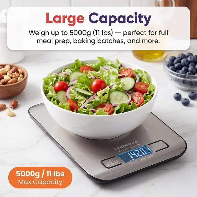 Alt view image 4 of 7 - Digital Food Kitchen Scale, 11lb/5kg Capacity with 1g Precision, 5 Units (g/oz/lb:oz/ml/fl'oz), 304 Stainless Steel Surface, Backlit LCD, Tare Function for Cooking, Baking, Keto & Meal Prep