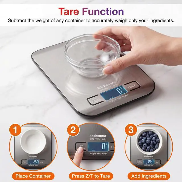 Alt view image 6 of 7 - Digital Food Kitchen Scale, 11lb/5kg Capacity with 1g Precision, 5 Units (g/oz/lb:oz/ml/fl'oz), 304 Stainless Steel Surface, Backlit LCD, Tare Function for Cooking, Baking, Keto & Meal Prep