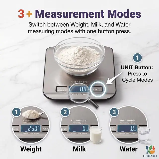 Alt view image 7 of 7 - Digital Food Kitchen Scale, 11lb/5kg Capacity with 1g Precision, 5 Units (g/oz/lb:oz/ml/fl'oz), 304 Stainless Steel Surface, Backlit LCD, Tare Function for Cooking, Baking, Keto & Meal Prep