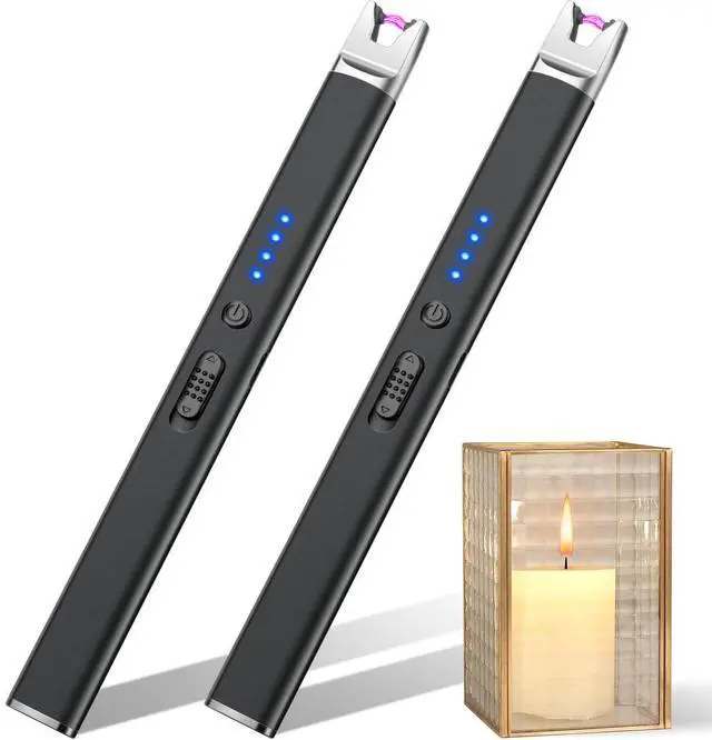 Main image of 2 Pack Black Candle Lighter Electric USB Rechargeable Plasma Arc Lighter with Safety Lock, Windproof Flameless Long Lighters for Candle, Grill, BBQ, Camping, Gas Stoves