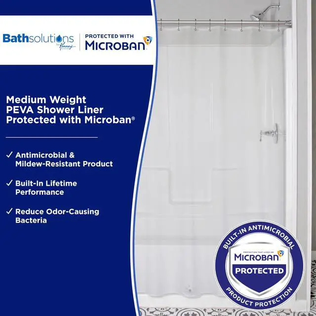Alt view image 2 of 7 - Microban PEVA Shower Curtain Liner, Waterproof Medium-Weight Design with Rust-Resistant Metal Grommets & Weighted Magnetic Hem, 70" x 72", Clear