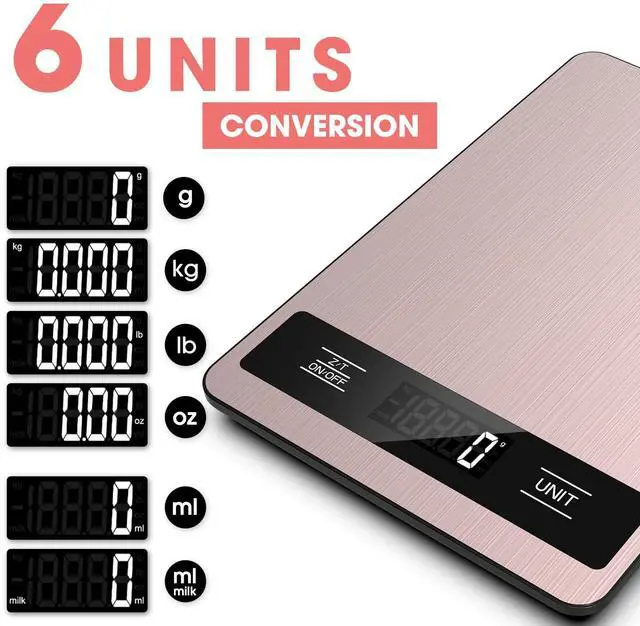 Alt view image 2 of 7 - Food Scale, 11lb Digital Kitchen Scale Weight Grams and Ounces for Baking, Cooking and Meal Prep, 1g / 0.1oz Precise Graduation with 6 Units and Tare Function, LCD Display & Stainless Steel