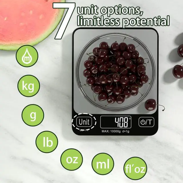 Alt view image 4 of 7 - Food Scale Digital, 10kg/22lb Kitchen Scales Weight for Baking, Cooking, Keto and Meal Prep with 7 Units, Balance Alimentaire 1g Accuracy LCD Display, Grams Oz, Silver (Battery Included)