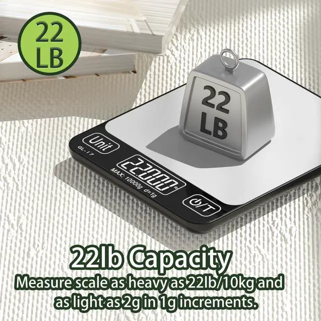 Alt view image 6 of 7 - Food Scale Digital, 10kg/22lb Kitchen Scales Weight for Baking, Cooking, Keto and Meal Prep with 7 Units, Balance Alimentaire 1g Accuracy LCD Display, Grams Oz, Silver (Battery Included)