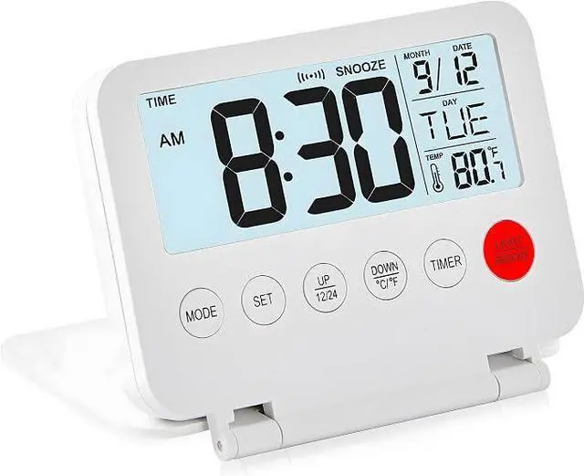 Main image of KANBIT Small Digital Travel Alarm Clock, Large LCD Display Front Button with Date & Temperature, Snooze and 8 Seconds Backlight AAA Battery Operated Desk Clock for Home & Office, White