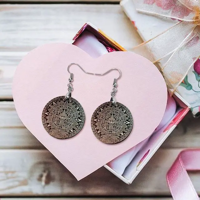 Alt view image 3 of 5 - Earring Wooden Pendant Earrings Mayan Calendar End Of The World Printed Earrings for Women Printed Dangle Ear Drop