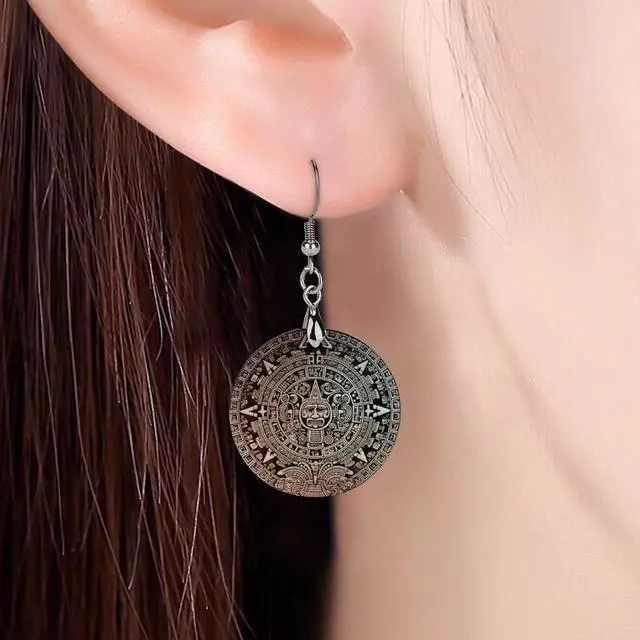 Alt view image 5 of 5 - Earring Wooden Pendant Earrings Mayan Calendar End Of The World Printed Earrings for Women Printed Dangle Ear Drop