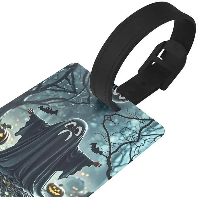 Alt view image 3 of 7 - Black and Halloween Ghost Luggage Tags for Suitcases, PVC Suitcase Tag with Secure Strap Suitcase Identifier with Privacy Name Card for Travel Bag Tags Personalized Baggage Tag for Women Men