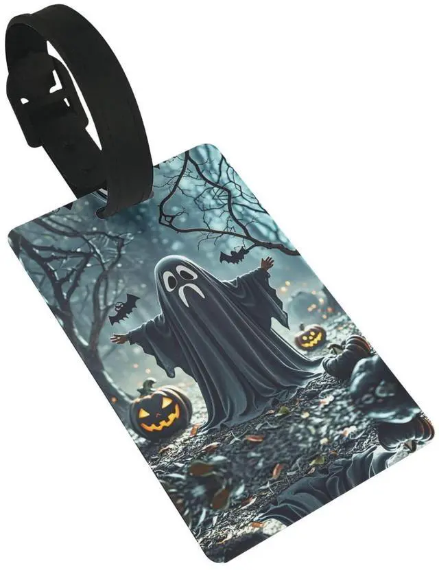 Main image of Black and Halloween Ghost Luggage Tags for Suitcases, PVC Suitcase Tag with Secure Strap Suitcase Identifier with Privacy Name Card for Travel Bag Tags Personalized Baggage Tag for Women Men