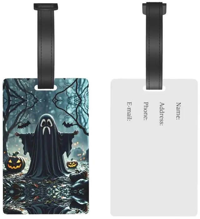 Alt view image 5 of 7 - Black and Halloween Ghost Luggage Tags for Suitcases, PVC Suitcase Tag with Secure Strap Suitcase Identifier with Privacy Name Card for Travel Bag Tags Personalized Baggage Tag for Women Men
