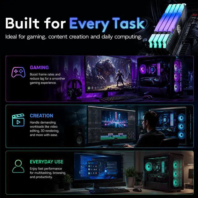 Alt view image 6 of 7 - Bestoss DDR4 RGB Gaming RAM 32GB(2*16GB) Kit 3200MHz (PC425600) UDIMM 288Pin NonECC XMP 2.0 Base JEDEC 2400MHz CL18 for Desktop Memory Black